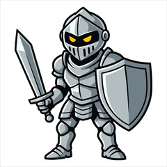 Obraz premium Cartoon knight in shining armor holding a sword and shield on a white background