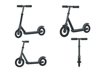 Kick scooter vector illustration set. Push scooter collection from different angles. Side, front, and isometric views. Urban personal transport for eco-friendly city mobility.
