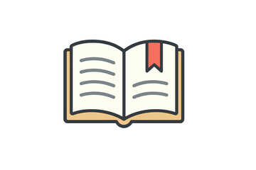 Open book and bookmark flat vector icon. Reading, learning, education symbol. Knowledge, literature, library, study concepts. School, university sign. Story, textbook, diary illustration.