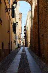 Obraz premium Cityscape of historical part of Alghero town. Alghero old town, street view, Sardinia, Italy