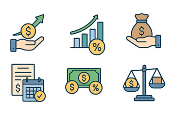 Financial management icon set. Concepts of income increase strategy, high return on investment, fund raising, revenue growth, interest rate, loan installment, budget balance.