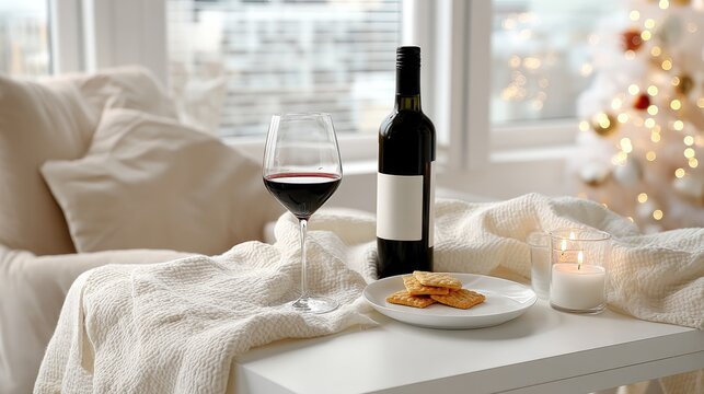 Cozy evening with red wine, crackers, and candlelight beside a Christmas tree in a warm living room setting