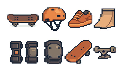 Pixel art skateboard gear set: helmets, shoes, and ramps