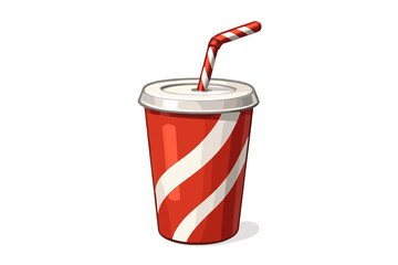 Red striped paper cup with straw. Vector illustration of a fast food soda drink. Takeaway beverage icon for cinema or party. Isolated soft drink, cola in a disposable cup.