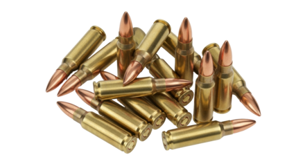Isolated Pile of bullets with copper point, ammunition, rifle ammo, golden shell casings