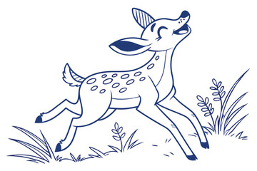 Whimsical Spotted Fawn Running in Blue Outline on White