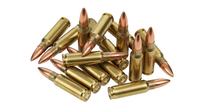 Isolated Pile of bullets with copper point, ammunition, rifle ammo, golden shell casings