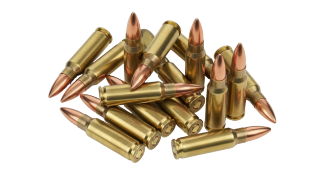 Isolated Pile of bullets with copper point, ammunition, rifle ammo, golden shell casings