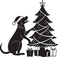 Vector silhouette of a playful dog wearing a Santa hat