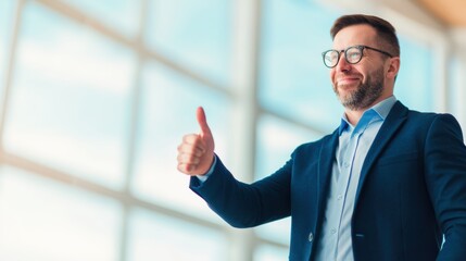 Confident businessman giving a thumbs-up in a modern office with large windows and soft lighting