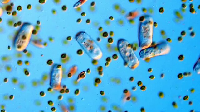 Microlife under microscope, euglena protozoa and green algae cells 