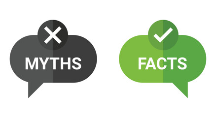 Myths vs Facts. True or False. A modern vector icon set of two speech bubbles for a fact-checking graphic, an educational quiz, a presentation slide, or a social media infographic.