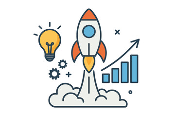 Startup business concept with a rocket launching. Idea for a successful business project start up. Innovation strategy for growth. Boost technology and creative solution for a new venture.