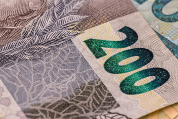 200 reais banknote, closeup, Brazilian money, 200 reais, macro