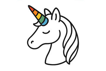 Unicorn head icon with rainbow horn. Cute simple line art vector illustration for logo or sticker. Magical fantasy horse from fairytale. Symbol of pride, lgbtq, magic.