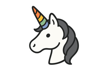 Unicorn head vector icon with rainbow horn. Cute cartoon mythical horse. Fantasy magic creature. Fairytale pony character design. Pride LGBT symbol. Isolated illustration.
