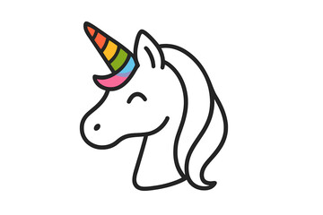 Cute unicorn head with rainbow horn. Vector illustration icon for kids. Simple line art drawing of a happy magic horse. Fantasy character mascot for baby shower or pride.