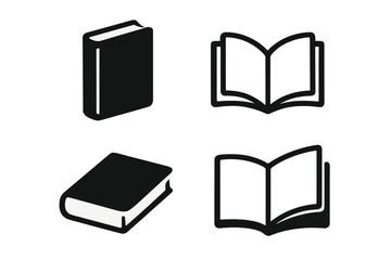 Book icon set. Vector illustration of open and closed books. Simple black and white symbols for reading, education, learning, library, and knowledge. Minimalist design elements.
