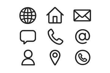 Contact us and web icon set. Essential communication symbols for business website UI design. Vector line art illustration of phone, mail, location, home, chat, user, globe.