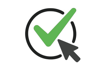 Green check mark icon with cursor. Click for success. Concept confirmation, approval. Select correct choice. Validation symbol. Yes button for vote. Task done. Approved.