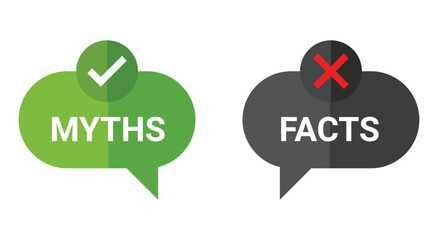 Myths vs Facts. Comparison. A modern vector icon set of two speech bubbles for debunking information, a quiz, an educational infographic, or a social media post about truth and lies.