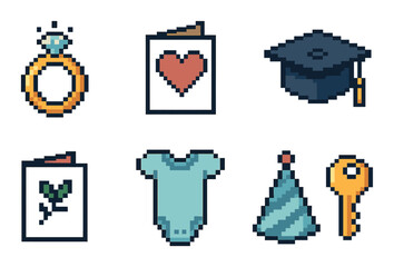 Pixel art icons: engagement ring, heart card, graduation cap, greeting card, onesie, party hat, key
