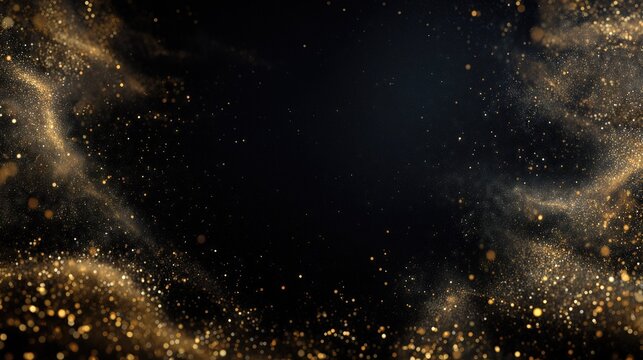 Glittering golden particles floating in dark abstract background.