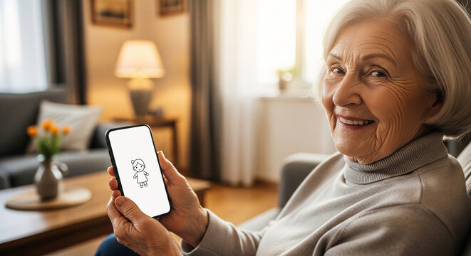 A cheerful senior woman relaxes on her living room sofa, happily holding a smartphone and showing the screen, embracing modern digital technology