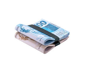 banknotes of 100 and 50 reais, package of money, come and fifty Brazilian reais, isolated white background