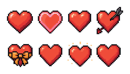 Pixel art heart icons set with various designs and effects