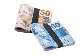 banknotes of 100 and 50 reais, package of money, come and fifty Brazilian reais, isolated white background