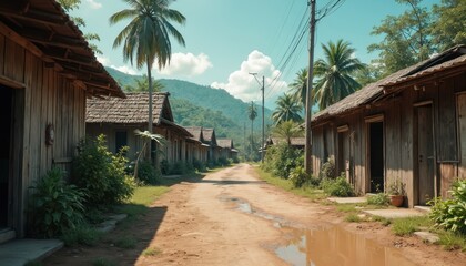 Fototapeta premium Old village road winds through rustic wooden houses. Traditional homes natural roofs, green plants grow alongside dirt path. Palm trees, distant mountains complete tropical village view. Puddles