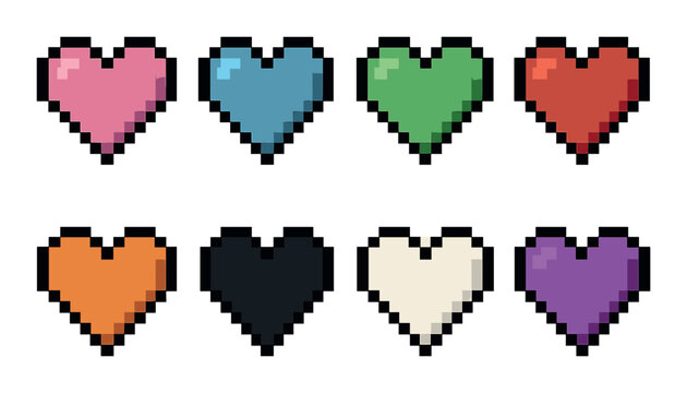 Colorful pixel hearts in various shades on gradient background