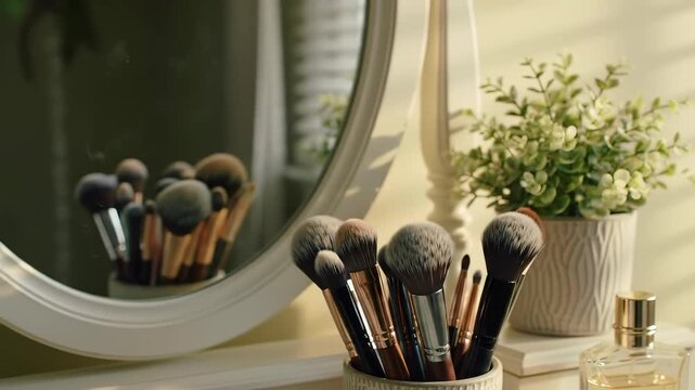 Makeup Brushes on a vanity offer a chic and organized cosmetic beauty space, reflected in an elegant mirror with a modern aesthetic, featuring skincare essentials.