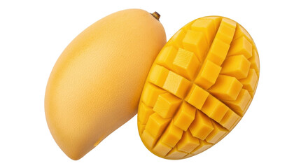Isolated mango fruit whole and half cut, fresh tropical fruit, healthy diet, sweet yellow flesh