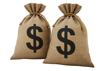 Two rustic burlap sacks cinched at the top featuring large dollar signs transparent background
