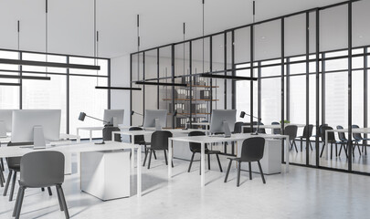 Contemporary office interior design with desks, chairs, and computers in a spacious layout, minimalist graphic style, bright corporate background, 3D Rendering