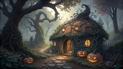 scary Halloween pumpkin theme hut in a dark jungle