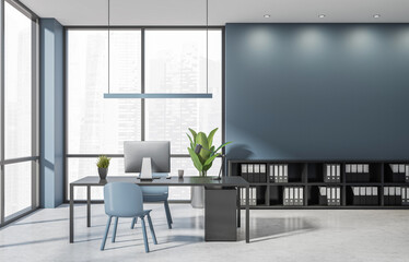 Contemporary office interior design with minimalist furniture, soft blue and grey tones, large windows, and city background. 3D Rendering