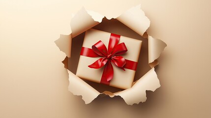 Elegant gift box with a luxurious ribbon, emerging through a ripped paper effect. A perfect representation of surprise, celebration, and gift-giving
