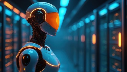 Futuristic AI robot stands in data center. Metallic humanoid with glowing details is in server room. Artificial intelligence concept of future. Tech innovation automation and digital transformation.