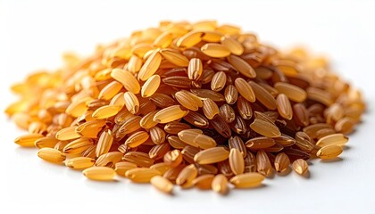 Pile of Uncooked Brown Rice on White Background in Soft Natural Light Creating a Healthy Eating Concept and Minimalist Still Life Arrangement