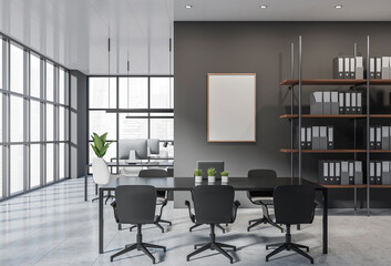 Modern office interior with stylish furniture, minimalist design style, bright window background, concept of productivity and workspace organization, 3D Rendering