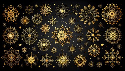 Golden snowflakes on black background for winter holiday.