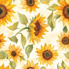 Warm watercolor sunflower pattern with golden petals and green leaves on a light background