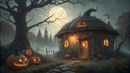 scary Halloween background at a dark jungle with pumpkin house
