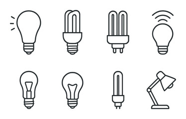 Outline of various light bulb designs and desk lamp with black background