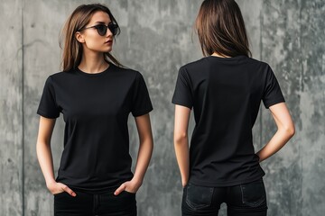 Woman wearing a black T-shirt in front and back view against a concrete wall