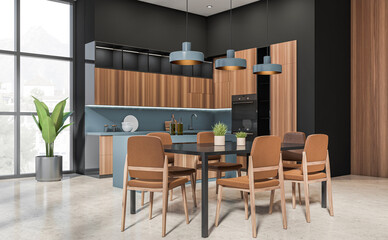 Contemporary kitchen interior with wood cabinetry, minimalist furniture, and pendant lights, set in a bright room with large windows. 3D Rendering