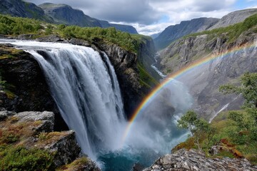 Fototapeta premium Majestic Waterfall with Rainbow in Mountain Valley
